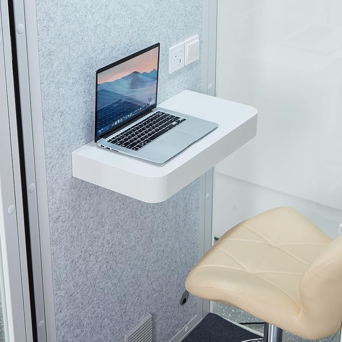 Mobile Office Pod Booth, Solo Soundproof Pod with High-Density Acoustic Panels, Premium Sound Pod with Silent Ventilation, Wheels and Feet, Build-in Table, LED Lighting System, USB Ports (White-Grey)