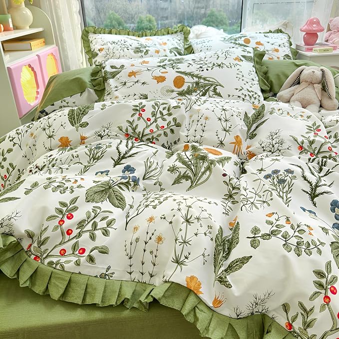 Queen Comforter Set Green Floral Comforter Queen Size Cute Flower Plants Botanical Comforter Romantic Girls Ruffle Lace Bedding Set Comfy Fluffy Soft Cottagecore Comforter Set with 2 Pillowcases