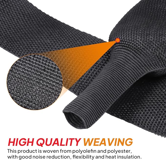 Black 2:1 Ratio Automotive Heat Shrink Braided Sleeving,Wear-Resistant Flat Woven Shrinkable Sleeve Fabric Car Cable Wires Hoses Protection (3/4"-26ft)