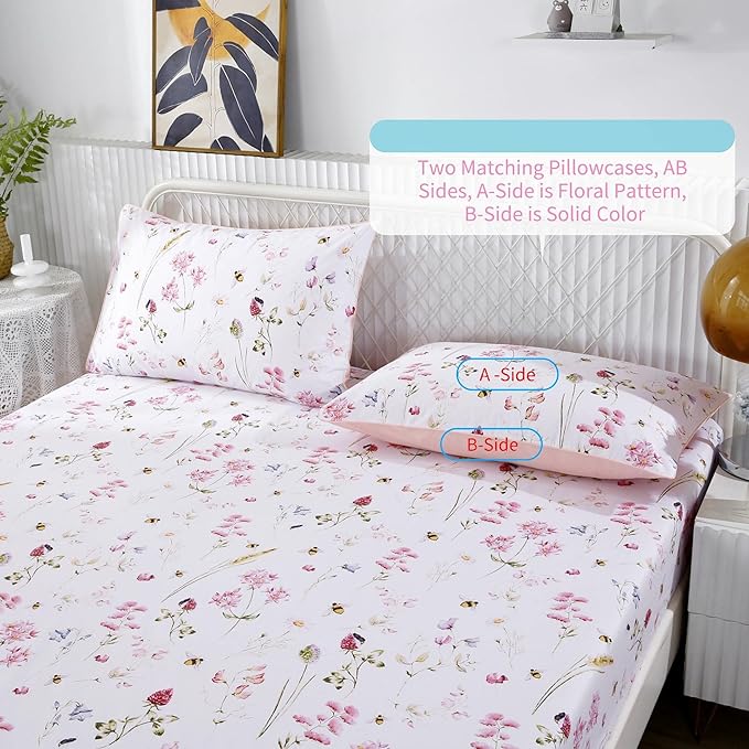 RYNGHIPY Shabby Floral Bees Print Bedding Sheets with Pillowcases, Breathable Egyptian Cotton Bed Sheet Set (Bee,Full Size)