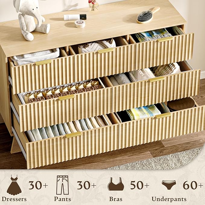 HUANLEGO Fluted Dresser for Bedroom with 7 Drawer, Mid Century Modern Chest of Drawers, 48" Wide Natural Wood Dresser for Closet, Wooden Boho Chest Closet Storage TV Stand for Bedroom, Nature