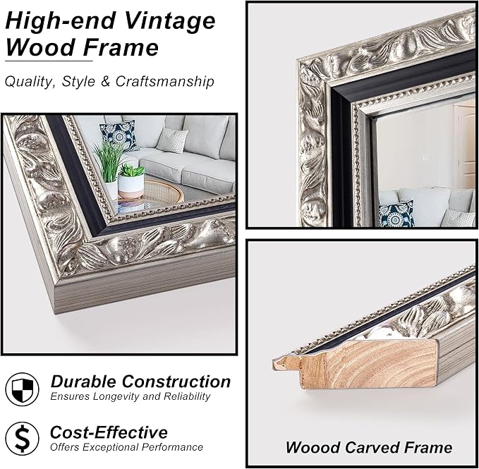 Large Antique Mirror, 46'' x 22'' Black Silver Wall Mirror for Living Room, Rectangular Retro Vintage Silver Mirrors for Bathroom, Entryway, Dining Room, Fireplace