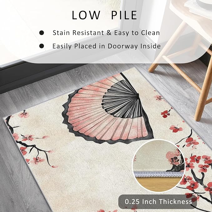 Japanese Cherry Blossom Runner Rug 3x12, Oriental Fan Design, Asian Area Rug, Washable Carpet Runner for Bedroom, Standard Hallways, Kitchen Walkway, Dining Room Sideboard