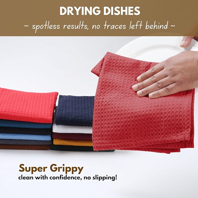 Native Fab 12 Pack Dish Cloths - 100% Cotton, Absorbent, Quick Drying, Washable Towels for Cleaning, Cooking, Baking - Perfect for Home, Restaurants, Bars & Multi Purpose Use - 12x12 Inches - Red