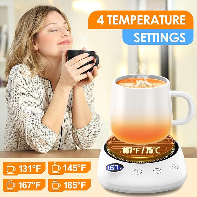 KitchekShop Coffee Mug Warmer - Fastest Heating & Highest Temperature, Coffee Cup Warmer for Desk Auto Shut Off, 4 Temp Settings & 1-12H Timer, Smart Electric Beverage Warmer for Coffee Candle (White)