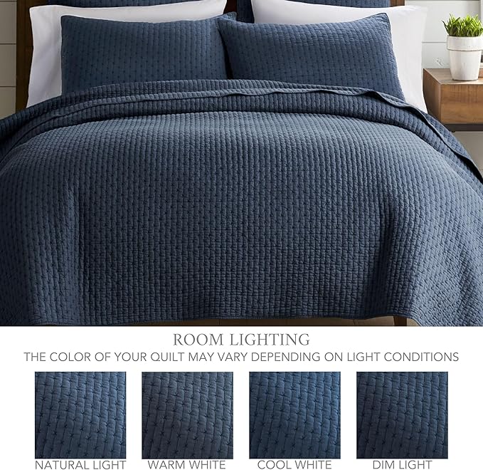 Levtex Home Cross Stitch Reversible King Bedspread Set (120x104in) with 2 Pillow Shams (36x20in) - Stitch Texture - Navy - Cotton King Size Bedspread Set - Soft, Pre-Washed
