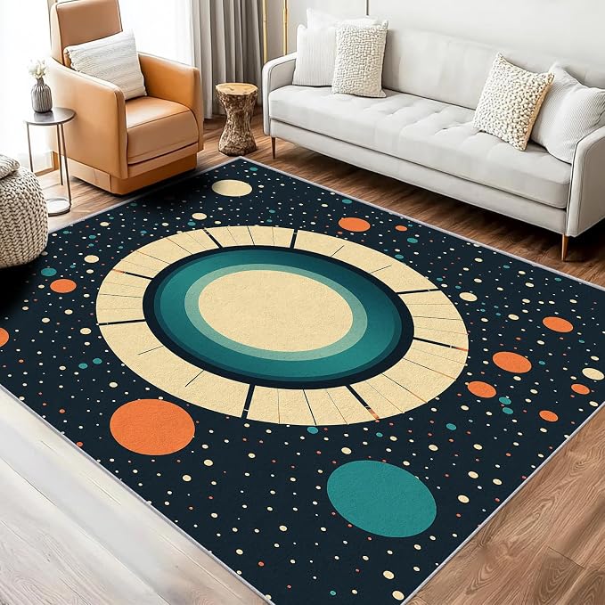 Mid Century Modern Rugs 7x9, Abstract Retro Washable 7 x 9 Area Rug for Living Room, Bedroom, Low Pile Non Slip Stain Resistant Carpet, Mid Century Home Decor Accessories & M902