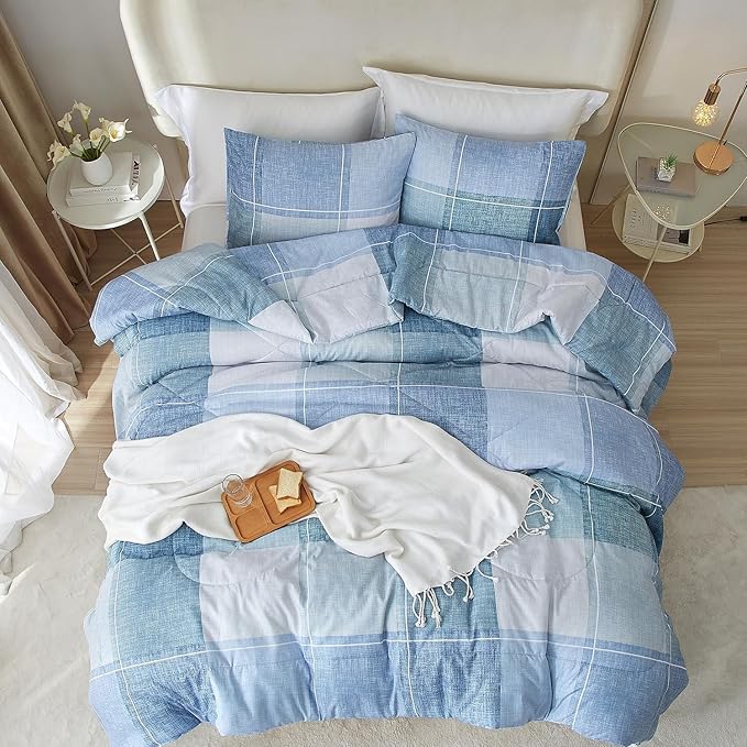 LifeTB Blue Checkered Comforter Full Comforter Set Geometric Plaid Checkered Pattern Comforter for Men Boys Modern Grid Plaid Bedding Comforter Set for All Seasons Lightweight Soft Fluffy Bed Set