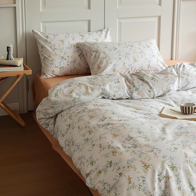 Vintage Style Garden Floral Duvet Cover Full 100% Cotton Aesthetic Floral Pattern Bedding Set Full Boho Flower Botanical Comforter Cover with 2 Pillowcases Cottagecore Bedding Cover for Girls Women