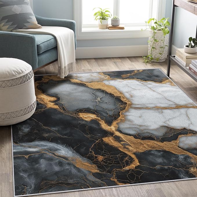 Black White Gold Marble Area Rug, Modern Abstract Pattern Carpet, Washable Non Slip Low Pile Soft Thin, Living Room Bedroom Home Decor Mat 6x8ft