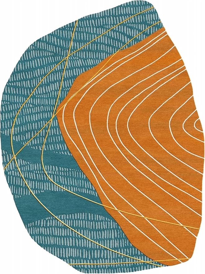 Teal Blue Orange Geometric Lines Abstract Irregular Rug 6x8 Mid Century Modern Washable Carpet for Living Room Bedroom Diningroom Durable Big Area Rug Boho Art Laundry Bathroom Kitchen Non Skid Mat