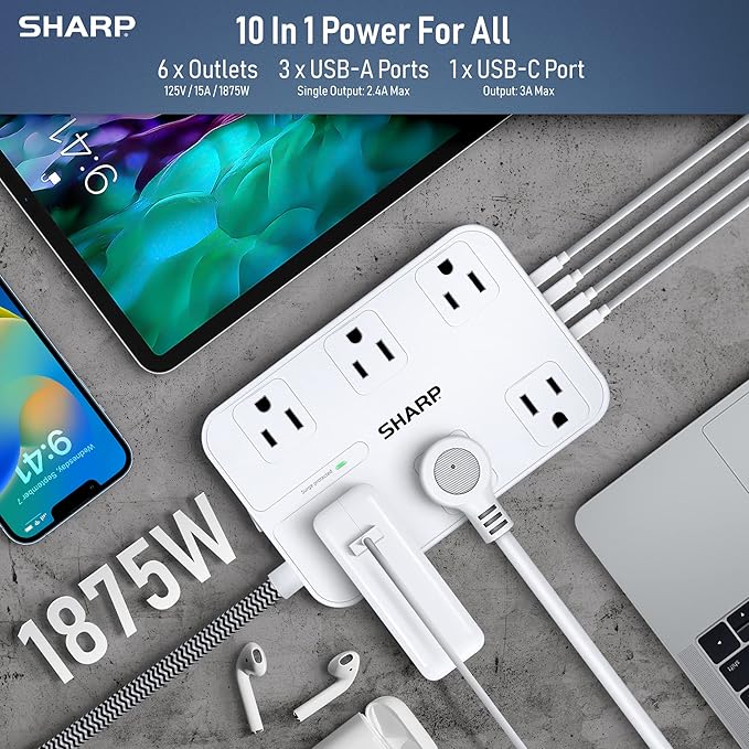 SHARP Surge Protector Power Strip - 6 Widely Spaced Outlets with 4 USB Fast Charge USB Charging Ports (3 USB-A and 1 USB Type-C), Flat Wall-Hugger Plug and 6 ft. Braided Cord, White (Pack of 2)