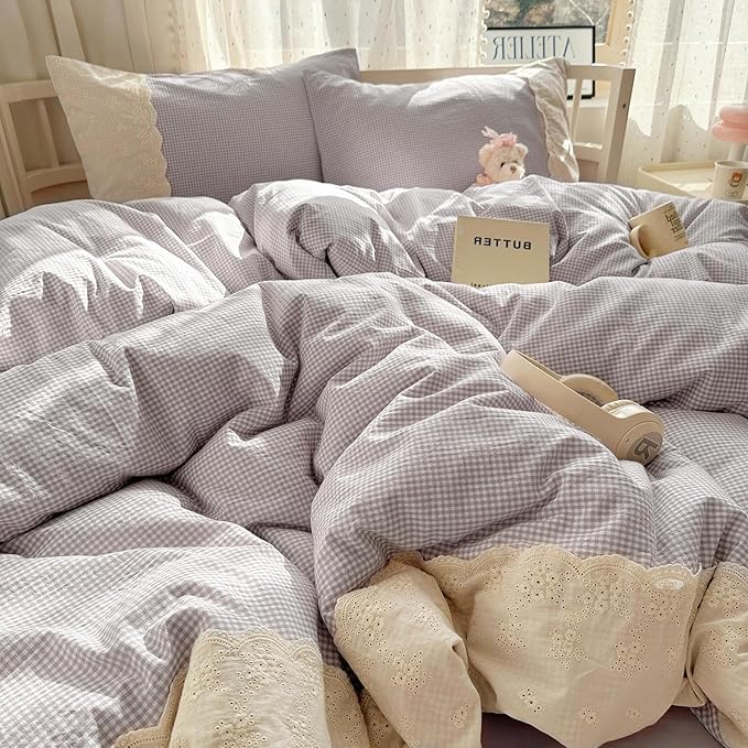LifeTB Purple Gingham Duvet Cover Queen Cozy Washed Microfiber Purple Checkered Plaid Duvet Cover with 2 Pillowcases Romantic White Lace Comforter Cover 3 Pieces Gingham Grid Bedding Set