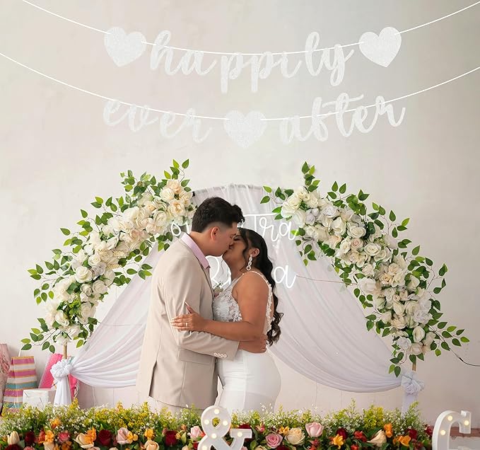 Pre-Strung Happily Ever After Banner - Silver Glitter Bachelorette Bridal Engagement Party Decoration Supplies, Bachelorette Wedding Party Banner for Engagement, Bridal Shower, Wedding Party Photo Booth Props