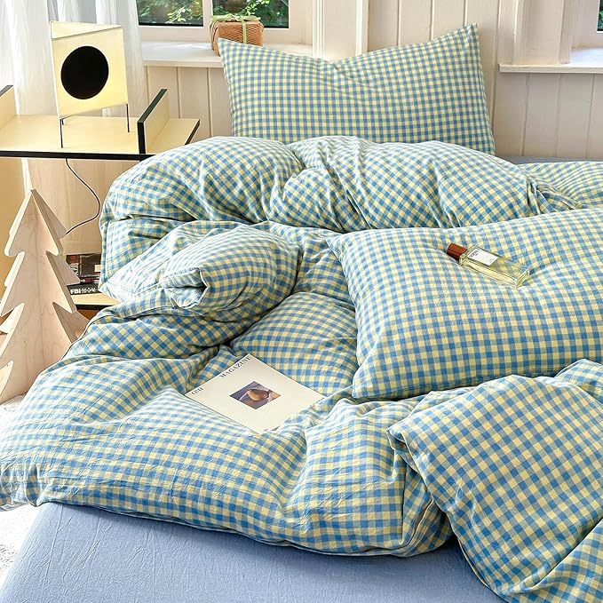 LifeTB Blue Yellow Gingham Comforter Set King 3 Pieces Soft Fluffy Grid Checkered Pattern Comforter with 2 Pillowcases Farmhouse Gingham Bedding Set Modern Style Geometric Plaid Comforter Set
