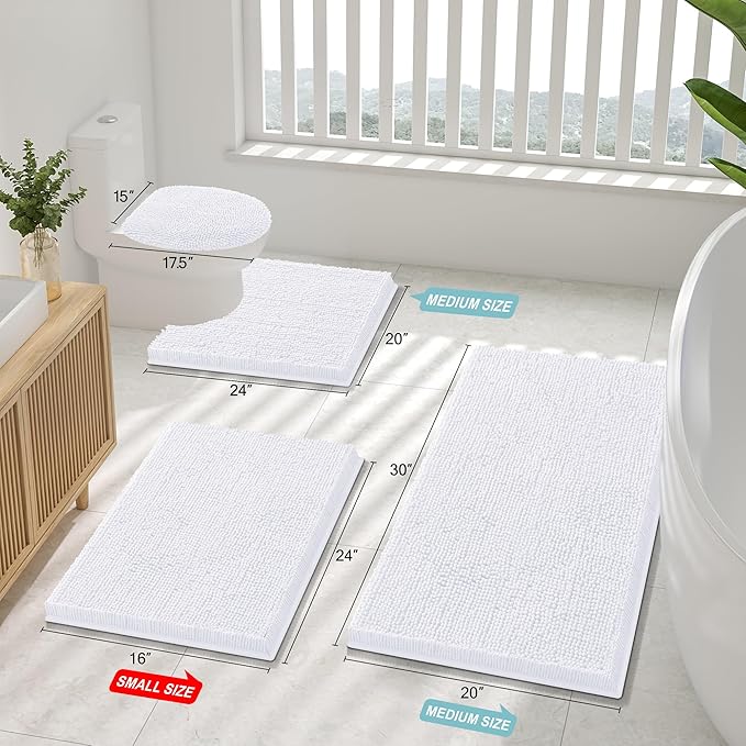 Smiry Luxury Chenille Bathroom Rugs 47x24, Extra Soft and Absorbent Shaggy Bath Mat, Machine Washable, Non-Slip Plush Carpet Runner for Tub, Shower, and Floor, Home Decor Accessories, White