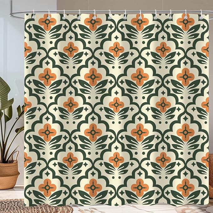 Vintage Boho Floral Shower Curtain，Mid Century Modern Abstract Orange Green Bathroom Curtain，Polyester Fabric Waterproof Bath Curtains 72x84 Inch with 12 Hooks