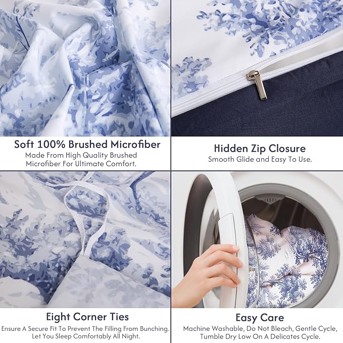 LONAVA Queen Botaincal 3 Pcs Duvet Cover Set, Breathable Soft Microfiber Navy Lining Comforter Cover with Zipper Closure, and 2 Anti-Pilling, Fade Resistant Pillowcases, Blue Forest