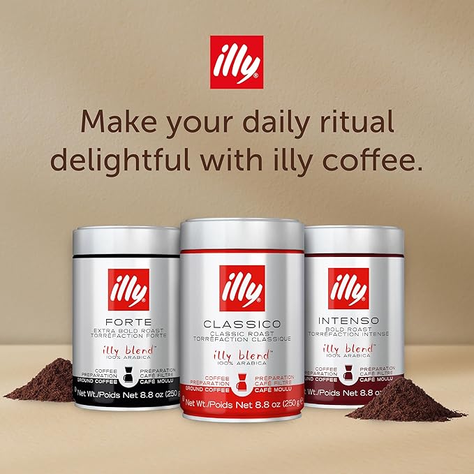 illy Ground Drip Coffee, Classico Medium Roast, 100% Arabica, Premium Italian Coffee, Pre-Ground for Drip Brewers, 8.8 oz, 6 Pack