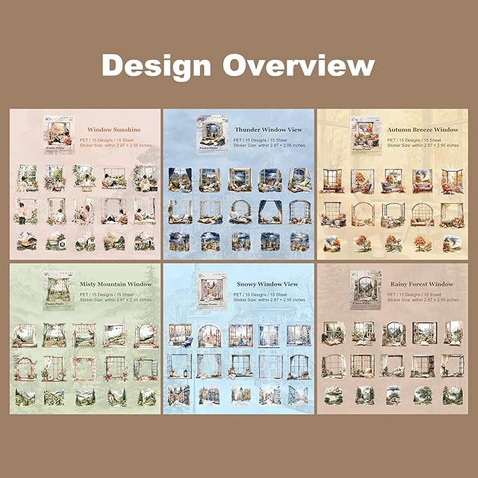 AuriicLeaf Weather Window PET Stickers, 90PCS Large Window Scenery Designs - Cozy Seasonal Views for Scrapbook Journals Planners DIY Decor