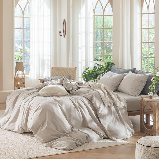 MooMee Bedding Duvet Cover Set 100% Washed Cotton Linen Like Textured Breathable Durable Soft Comfy (Solid Light Tan, Palatial King/Oversized King 120"x98")