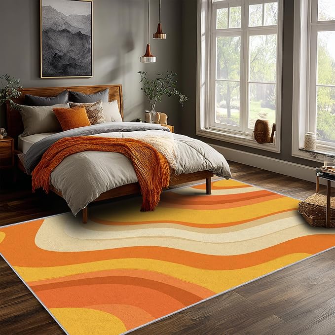 Sunset Flow Area Rug 7x9, Modern Abstract Wave Rug, Retro Orange Neutral Carpet for Living Room Bedroom, Soft Non Slip Washable Rug