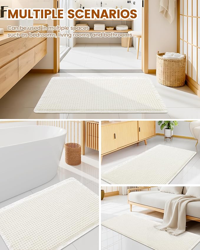 Smiry Waffle Bath Mat 24x16, Extra Soft Absorbent Bathroom Rugs, Non Slip Machine Washable Quick Dry Bath Rugs for Bathroom Floor, Tub, Shower, Home Decor Accessories, Cream