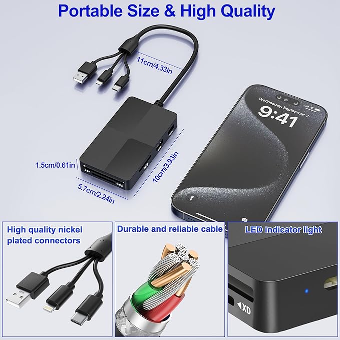 Memory Stick Pro Duo Reader Adapter, 8 in 1 SD/MS/TF/CF/XD Card Reader with 3 USB 2.0 Ports, L-ightning+USB A+USB C, Multi Memory Card Reader Support OTG, Fast Data Transfer