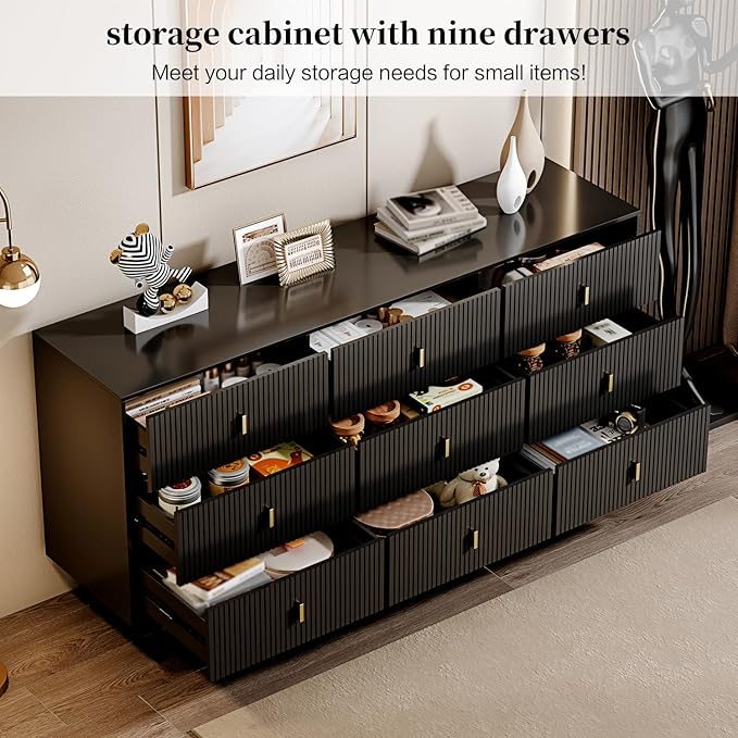 Chrangmay Modern Chest of Drawers with 9 Drawers,Deep Drawers,Clothes Organizer,Large Storage Cabinet for Living Room, Bedroom,Hallway,with Anti-Tipping Device,Dark