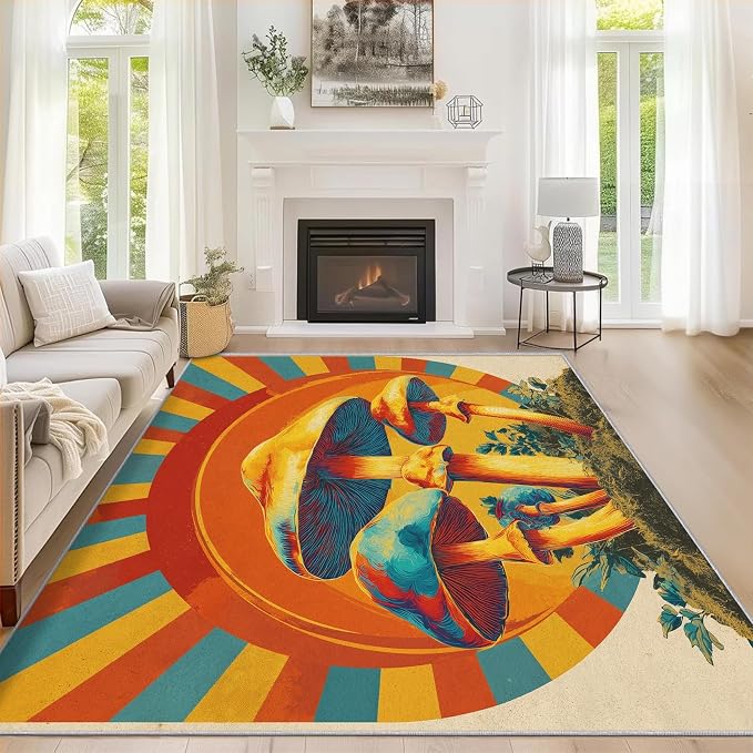 Mushroom Rugs for Home Decor, 6x8 ft, Mid Century Boho Sun Area Rugs for Living Room, Soft Non Slip Washable Retro Trippy Mushroom Carpet Bedroom Decorations Dt-Ghf-69
