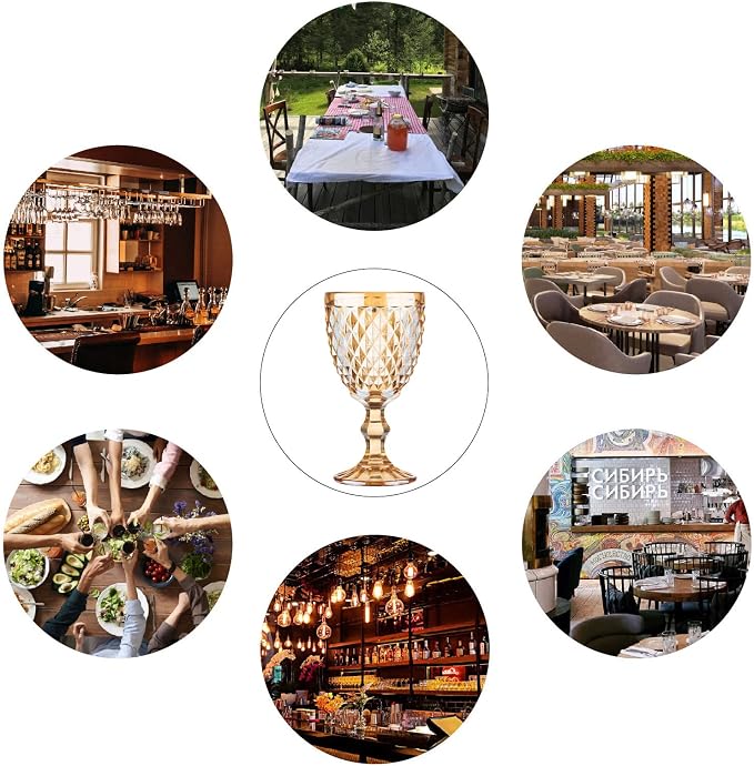 12 Pcs Vintage Wine Glasses, 10 Ounce Colored Glass Water Goblets, Unique Embossed Pattern High Clear Stemmed Glassware Wedding Party Bar Glass Drinking Cups, Diamond Amber Glasses Set of 12