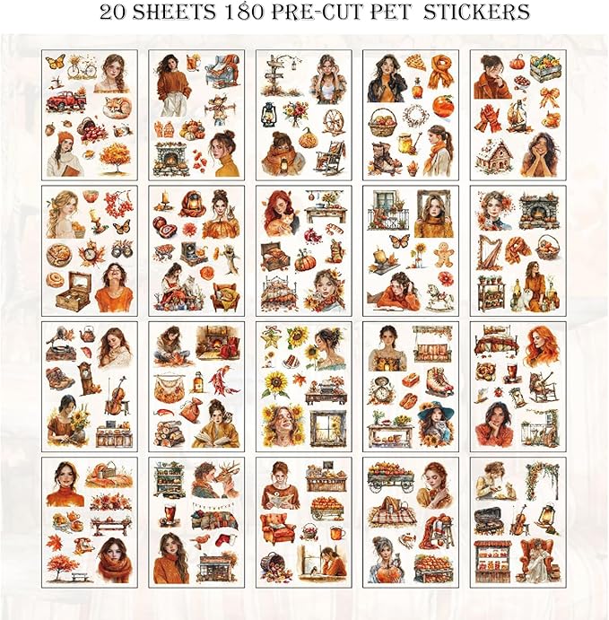Auguro PET 20 Sheets 180 Pre-Cut Fall Stickers for Scrapbooking Landscape People Scrapbook Sticker Transparent Stickers for journali Scrapbook Supplies