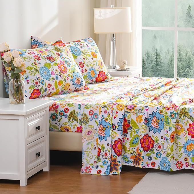 Bedlifes Twin Sheet Set Ultra Soft, Breathable, Silky Flower Deep Pocket 100% Microfiber Bedding, 3 Piece Twin Size with Floral Spring Design