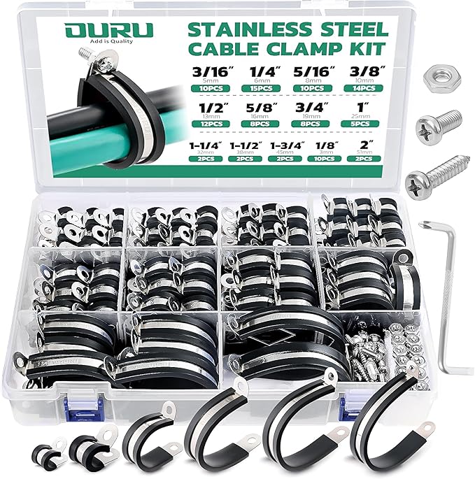 OURU 280PCS Cable Clamps with Screws Assortment Kit 304 Stainless Steel Rubber Cushioned Insulated Wire Pipe Clamps 13 Sizes—1/8" 3/16" 1/4" 5/16" 3/8" 1/2" 5/8" 3/4" 1" 1-1/4" 1-1/2" 1-3/4" 2”