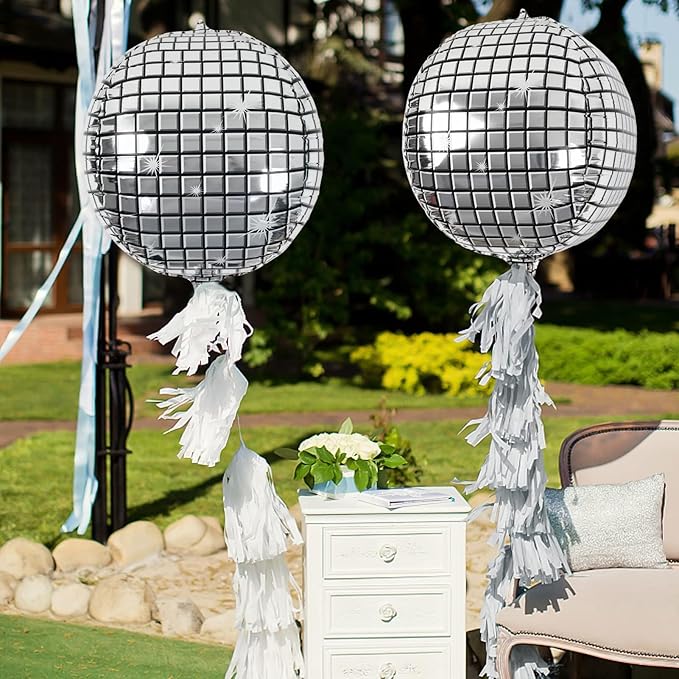 OuMuaMua Disco Ball Balloons for 70s Disco Party Decor, 22 Inch Large 4D Metallic Silver Disco Balloons with Stars Balloon for Themed Party, Birthday New Year Christmas Decor 9pcs