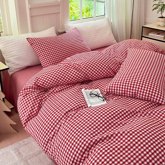 LifeTB Red Gingham Comforter Set King Modern Style Boho Plaid Comforter Set 3 Pieces Soft Fluffy Grid Checkered Pattern Comforter with 2 Pillowcases Farmhouse Gingham Plaid Bedding Set Breathable