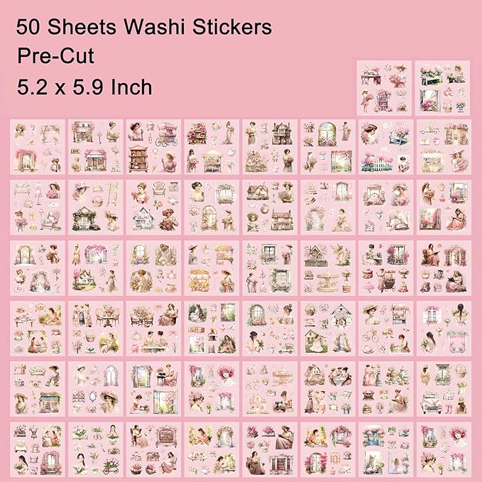 YagCu Garden Journaling Stickers, 50 Sheets Washi Junk Journal Sticker Book, Scrapbook Supplies, Watercolor Scrapbooking for Adults, Pink Decorative Ephemera Arts Craft