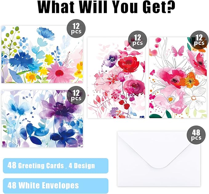 FUHITIM 48 Pack Blank Cards and Envelopes, Watercolor Flowers Blank Greeting Cards, Blank Cards for All Occasion