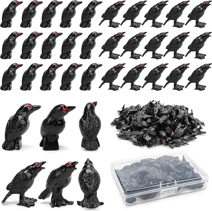 30 PCS Mini Resin Crow Figurines Halloween Decor Black Miniature Crow Gothic Tiny Raven Vase Filler Spooky Bird Ornament DIY Craft Project for Garden Landscape Scene Cupcake Topper Decoration