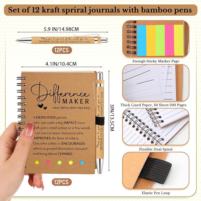 Jetec Inspirational Notebooks Bulk Spiral Notebook with Sticky Notepad Motivational Pens Valentines Day Gifts for for Employee Coworker Nurse Staff Teacher Nurse Volunteer(12 Sets,Difference Maker)