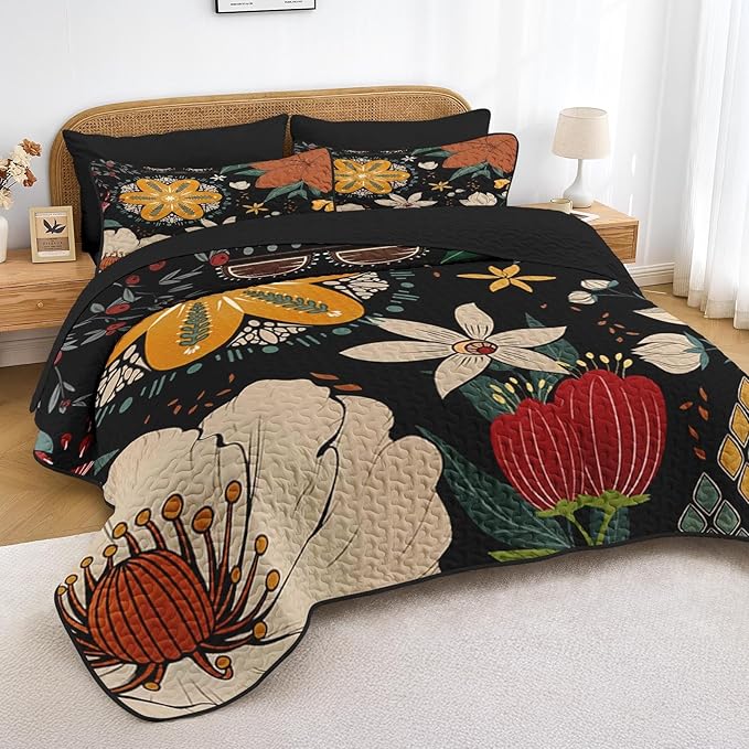 Quilt Set Twin Size, Black Tropical Floral 2 Pcs Soft Bed Cover Bedding Set, Farmhouse Botanical Lightweight Bedspread Coverlet with Pillow Sham for All Season