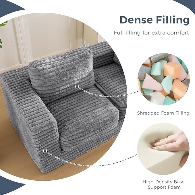 MAXYOYO Giant Bean Bag Chair for Adults, Upholstered Loveseat Floor Sofa with Pillows and Armrests, Large Bean Bag Sofa Plush Chair Bean Bag Couch for Bedroom Living Room, Grey