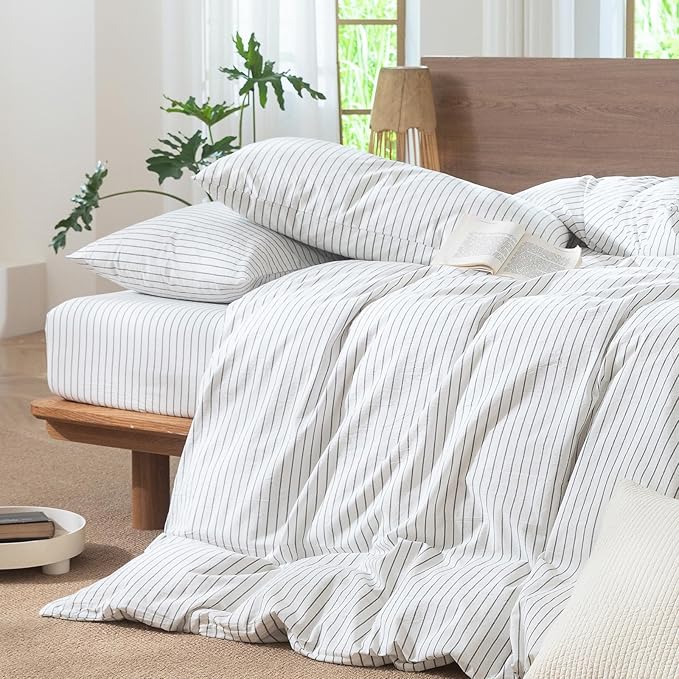 MooMee Striped Duvet Cover Set 100% Washed Cotton Linen Like Textured Breathable Durable Soft Comfy (White Heathered Green Wide Stripes, Queen 90"x90")