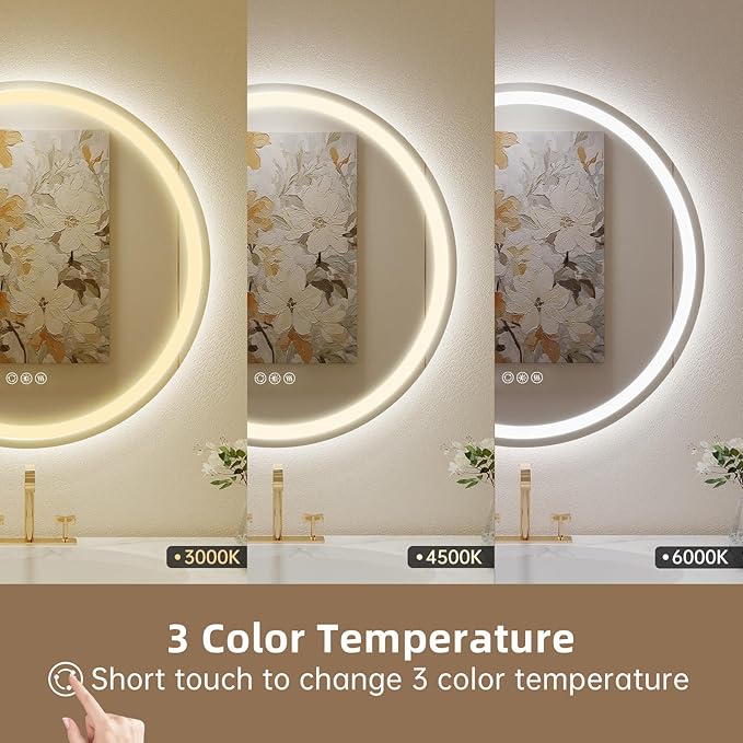 LOVESPEJO 30" Round LED Bathroom Mirror with Lights, Circle LED Mirror for Bathroom, Fogless, Dimmable, 3 Colors Changing, IP54, Shatter-Proof