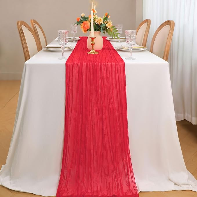 Snowkingdom 10 Ft Red Christmas Cheesecloth Table Runner, 120 inch Long Cheese Cloth Boho Gauze Sheer Runner for Wedding Bridal Baby Shower Birthday Sheer Holiday Table Decorations