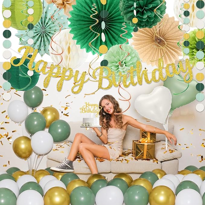 Sage-Green Gold Birthday Decoration,Happy Banner,Olive Retro Paper Lanterns Neutral Tissue Pom Poms Fan,Boho Green Balloons For Anniversary Princess Backdrop Party Supplies for Women Girls Mens