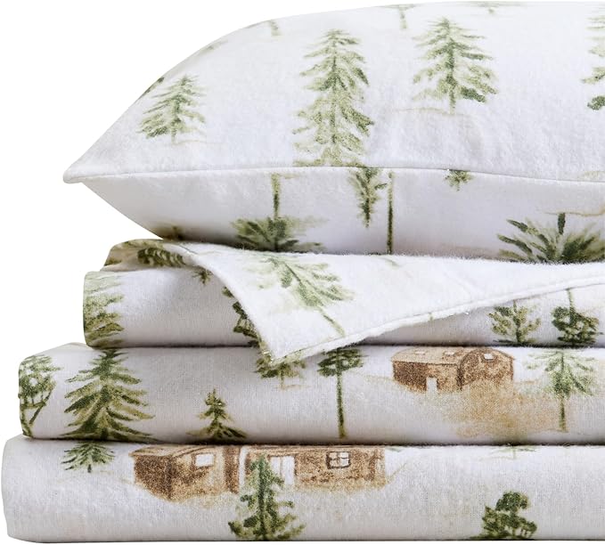 Market & Place 100% Cotton Twin Flannel Sheet Set | 3 Piece Deep Pocket Novelty Cozy Winter Bed Sheets | Double Brushed for Extra Softness & Comfort | Alpine Collection (Twin, Watercolor Forest)