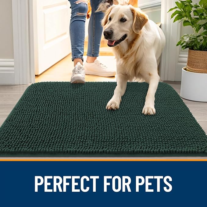 OLANLY Dog Door Mat for Muddy Paws 30x17, Absorbs Moisture and Dirt, Absorbent Non-Slip Washable Doormat, Quick Dry Chenille Mud Mat, Entry Indoor Entryway Carpet for Inside Floor, Blackish Green