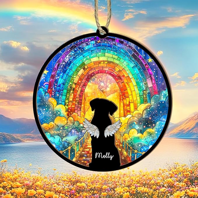 Personalized Pet Memorial Suncatcher – Custom Dog & Cat Rainbow Bridge Suncatcher with Name & Breed, Pet Loss Sympathy Gift, Memorial Keepsake for Dog & Cat Lovers (Up to 3 Pets)