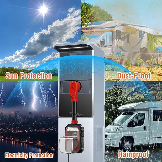 RV Surge Protector 50 Amp Flag Design - Upgraded 16000J Power Surges Voltage Protection Circuit Analyzer IP68 Waterproof Cover for 50A RVS Camper Trailer Must Haves (50Amp, Red)